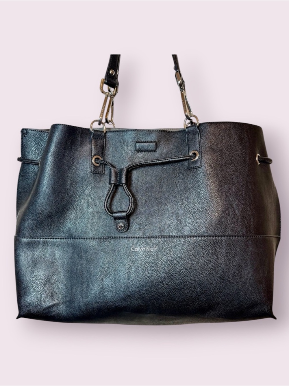 Calvin Klein Faux Pebble Leather Large Tote Bag Roomy Black Attached Wallet